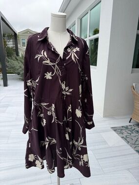 a new day Plum Brown Floral Long-Sleeve Button Dress XL s17